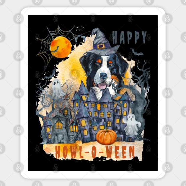 Bernese Mountain Dog Happy Howl-o-ween Ghost Houses Funny Watercolor Sticker by Sniffist Gang